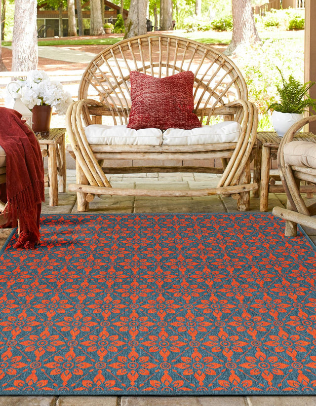 Blue and Red 7' 10 x 7' 10 Outdoor Trellis Square Area Rug Weather Resistant for Patio, Deck, Terrace, Balcony, Porch Geometric Design Water Safe Outside Carpet for Sale at Rug Engine