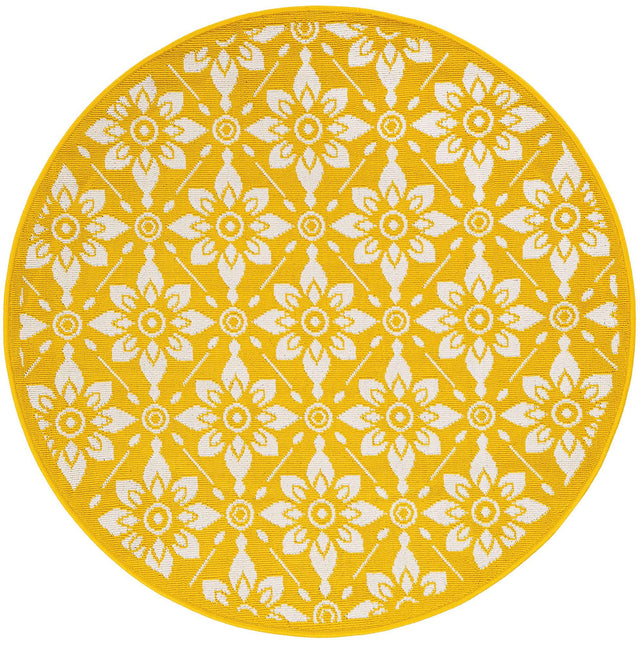 Yellow 4' 1 x 4' 1 Outdoor Trellis Round Area Rug Weather Resistant for Patio, Deck, Terrace, Balcony, Porch Geometric Design Water Safe Outside Carpet for Sale at Rug Engine
