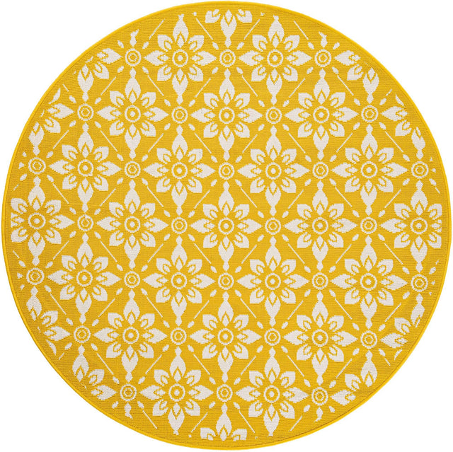 Yellow 5' 1 x 5' 1 Outdoor Trellis Round Area Rug Weather Resistant for Patio, Deck, Terrace, Balcony, Porch Geometric Design Water Safe Outside Carpet for Sale at Rug Engine