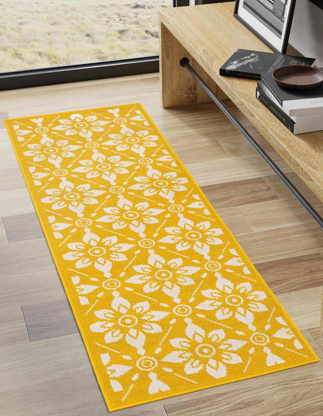 Yellow 2' x 5' 1 Outdoor Trellis Runner Area Rug Weather Resistant for Patio, Deck, Terrace, Balcony, Porch Geometric Design Water Safe Outside Carpet for Sale at Rug Engine