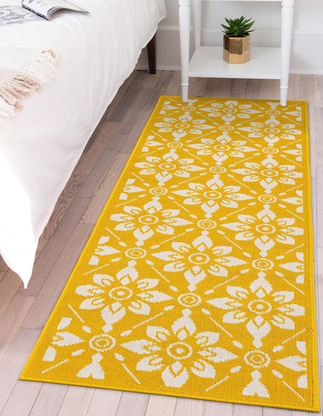Yellow 2' 7 x 10' Outdoor Trellis Runner Area Rug Weather Resistant for Patio, Deck, Terrace, Balcony, Porch Geometric Design Water Safe Outside Carpet for Sale at Rug Engine