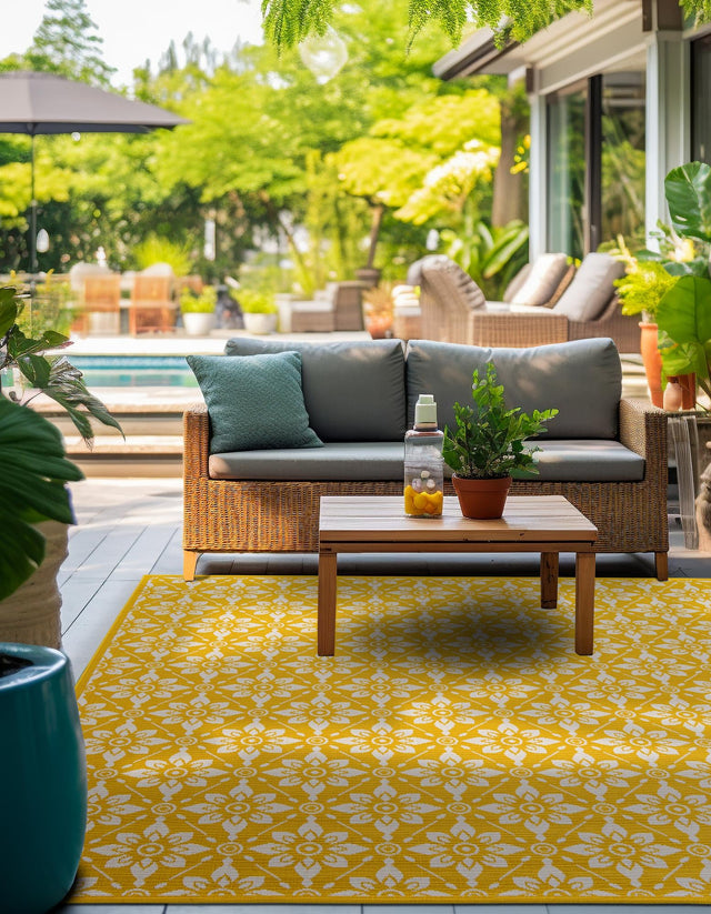 Yellow 7' 10 x 7' 10 Outdoor Trellis Square Area Rug Weather Resistant for Patio, Deck, Terrace, Balcony, Porch Geometric Design Water Safe Outside Carpet for Sale at Rug Engine