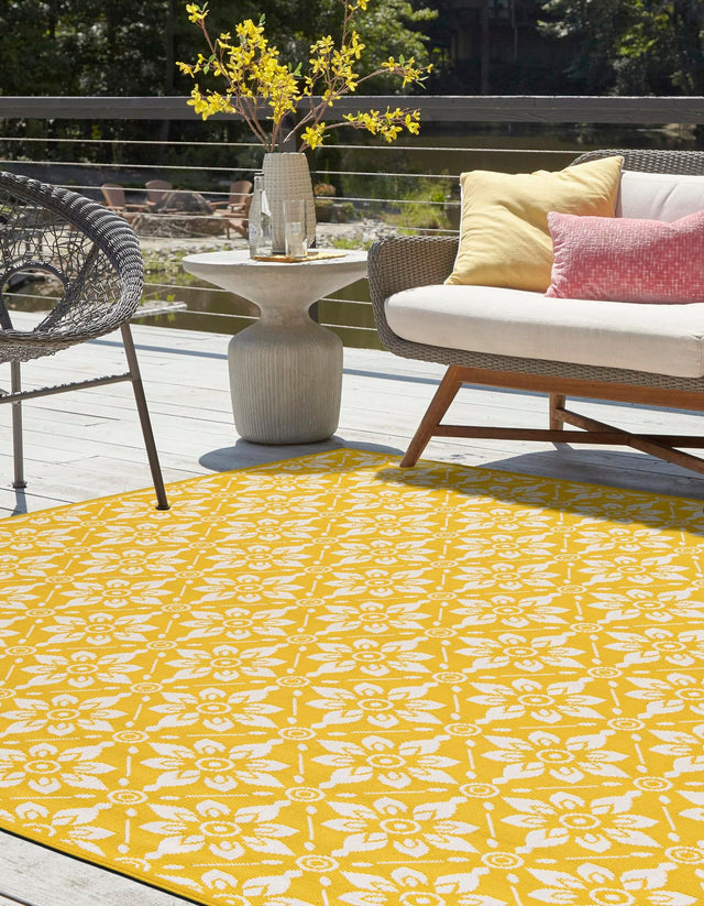 Yellow 7' 10 x 7' 10 Outdoor Trellis Square Area Rug Weather Resistant for Patio, Deck, Terrace, Balcony, Porch Geometric Design Water Safe Outside Carpet for Sale at Rug Engine