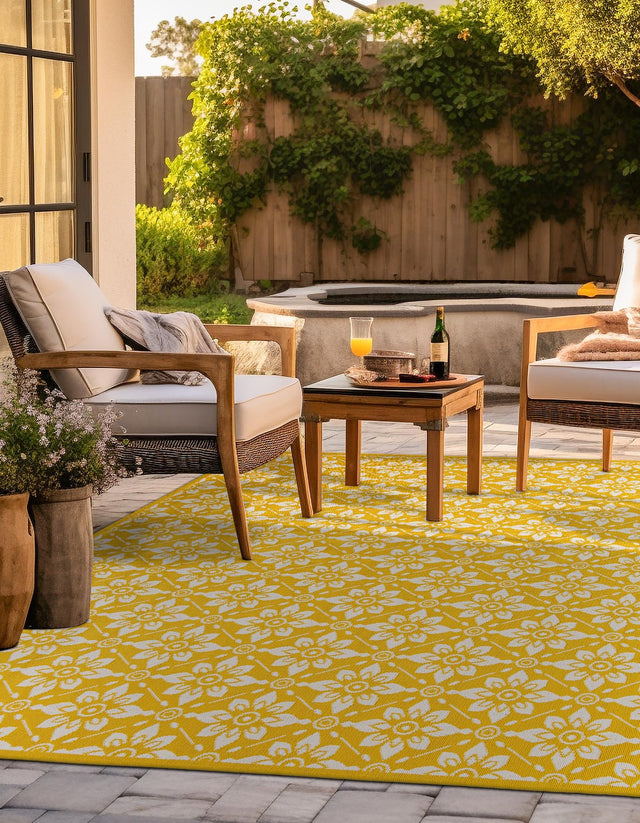 Yellow 7' 10 x 7' 10 Outdoor Trellis Square Area Rug Weather Resistant for Patio, Deck, Terrace, Balcony, Porch Geometric Design Water Safe Outside Carpet for Sale at Rug Engine