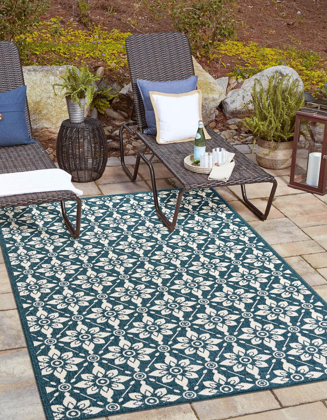 Navy Blue 10' x 14' 1 Outdoor Trellis Rectangle Area Rug Weather Resistant for Patio, Deck, Terrace, Balcony, Porch Geometric Design Water Safe Outside Carpet for Sale at Rug Engine
