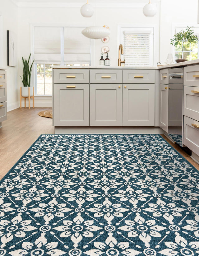 Navy Blue 5' 1 x 8' Outdoor Trellis Rectangle Area Rug Weather Resistant for Patio, Deck, Terrace, Balcony, Porch Geometric Design Water Safe Outside Carpet for Sale at Rug Engine