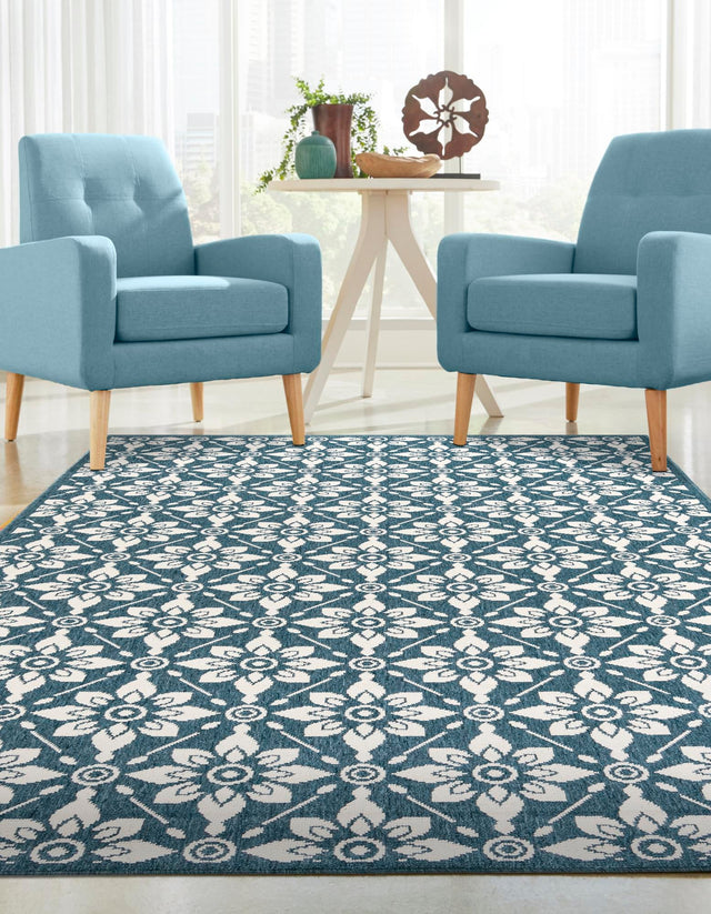 Navy Blue 9' x 12' Outdoor Trellis Rectangle Area Rug Weather Resistant for Patio, Deck, Terrace, Balcony, Porch Geometric Design Water Safe Outside Carpet for Sale at Rug Engine