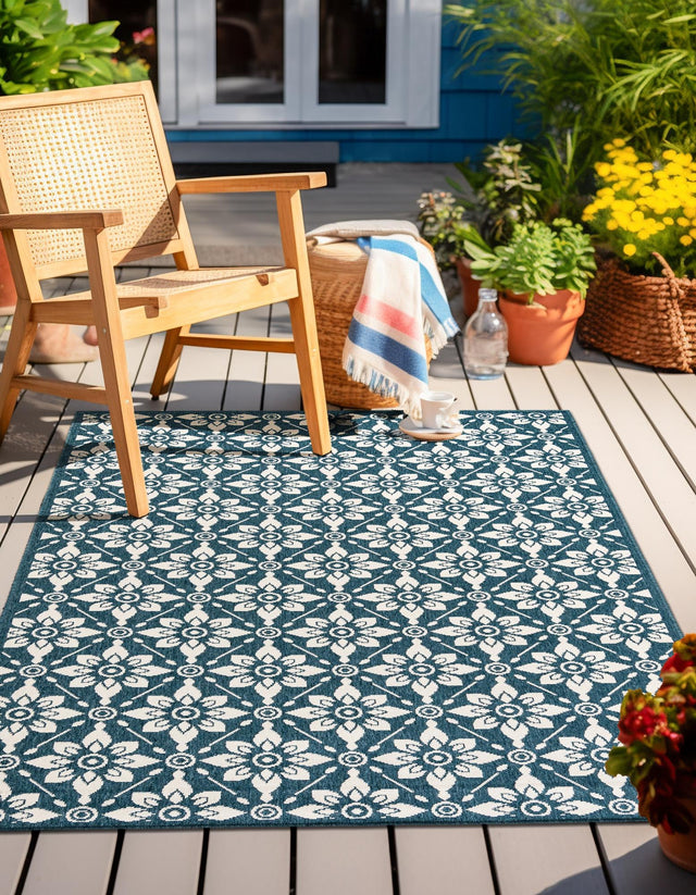 Navy Blue 5' 1 x 8' Outdoor Trellis Rectangle Area Rug Weather Resistant for Patio, Deck, Terrace, Balcony, Porch Geometric Design Water Safe Outside Carpet for Sale at Rug Engine