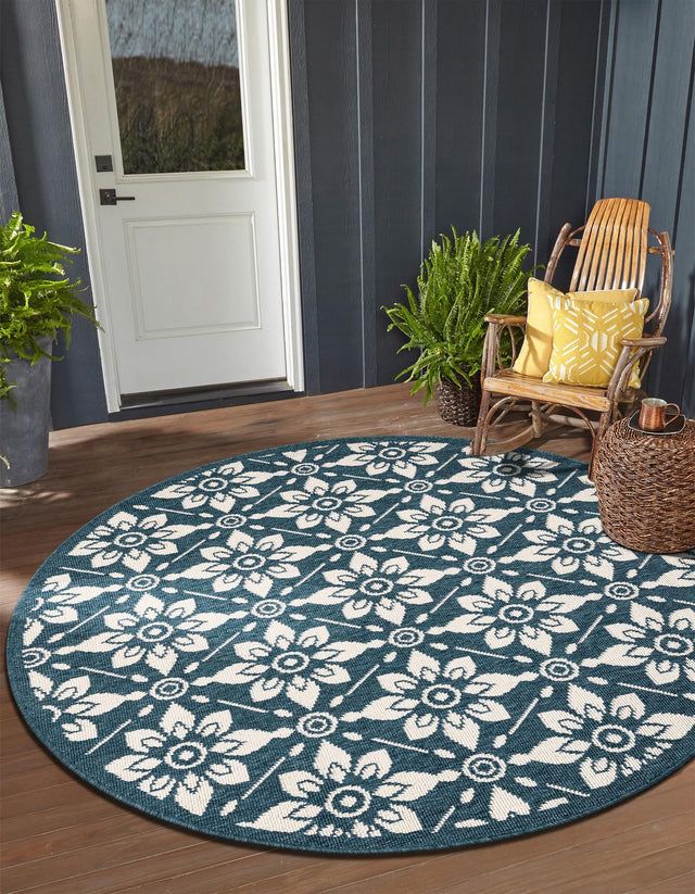 Navy Blue 5' 1 x 5' 1 Outdoor Trellis Round Area Rug Weather Resistant for Patio, Deck, Terrace, Balcony, Porch Geometric Design Water Safe Outside Carpet for Sale at Rug Engine