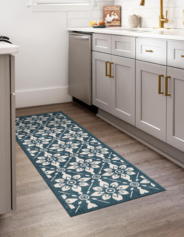 Navy Blue 2' x 5' 1 Outdoor Trellis Runner Area Rug Weather Resistant for Patio, Deck, Terrace, Balcony, Porch Geometric Design Water Safe Outside Carpet for Sale at Rug Engine