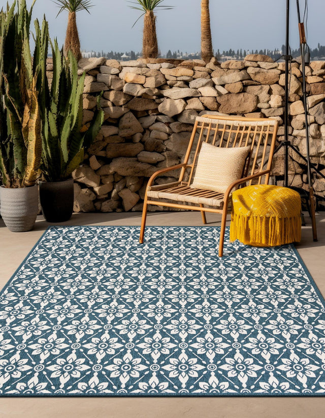 Navy Blue 7' 10 x 7' 10 Outdoor Trellis Square Area Rug Weather Resistant for Patio, Deck, Terrace, Balcony, Porch Geometric Design Water Safe Outside Carpet for Sale at Rug Engine