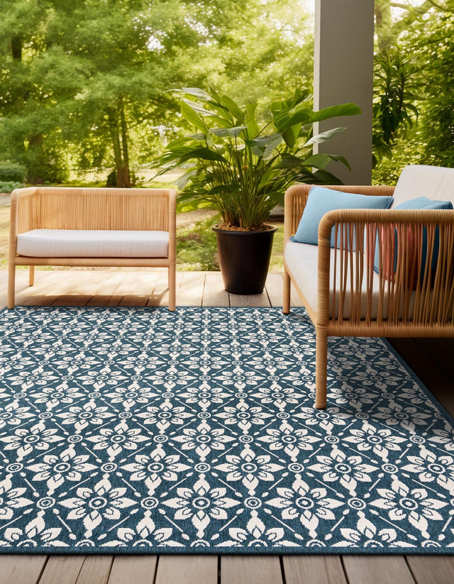Navy Blue 7' 10 x 7' 10 Outdoor Trellis Square Area Rug Weather Resistant for Patio, Deck, Terrace, Balcony, Porch Geometric Design Water Safe Outside Carpet for Sale at Rug Engine