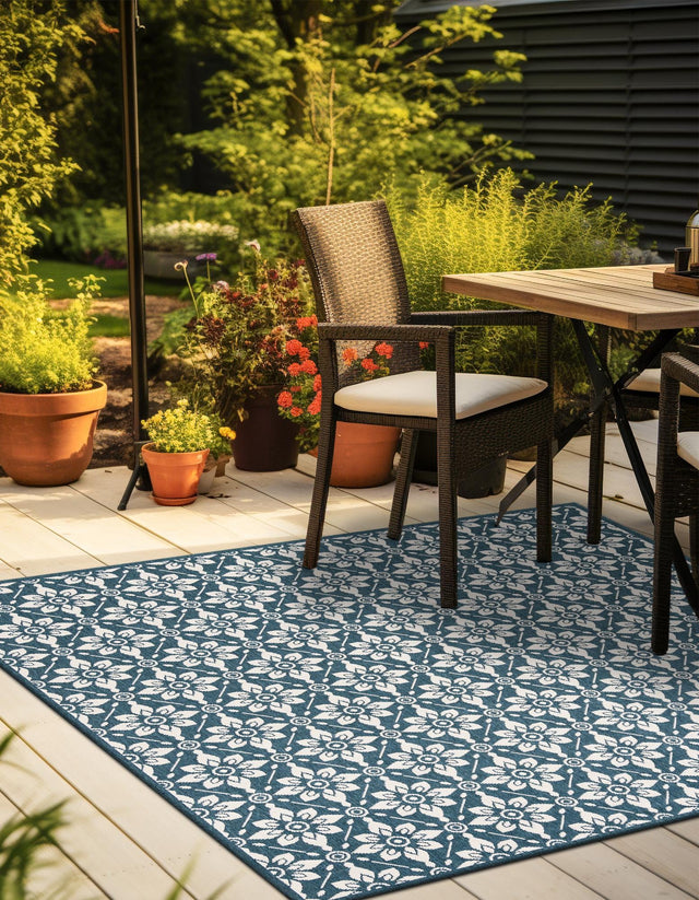 Navy Blue 7' 10 x 7' 10 Outdoor Trellis Square Area Rug Weather Resistant for Patio, Deck, Terrace, Balcony, Porch Geometric Design Water Safe Outside Carpet for Sale at Rug Engine