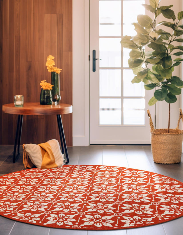 Rust Red 6' 1 x 6' 1 Outdoor Trellis Round Area Rug Weather Resistant for Patio, Deck, Terrace, Balcony, Porch Geometric Design Water Safe Outside Carpet for Sale at Rug Engine