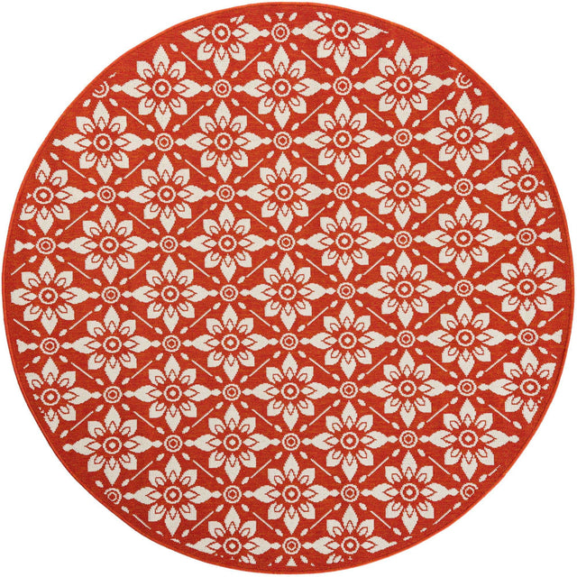 Rust Red 6' 1 x 6' 1 Outdoor Trellis Round Area Rug Weather Resistant for Patio, Deck, Terrace, Balcony, Porch Geometric Design Water Safe Outside Carpet for Sale at Rug Engine