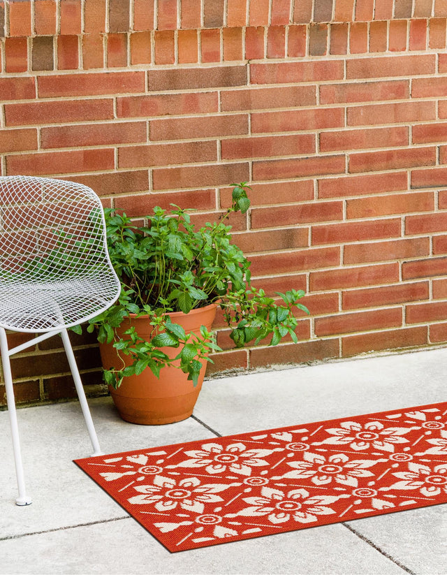 Rust Red 2' x 6' 1 Outdoor Trellis Runner Area Rug Weather Resistant for Patio, Deck, Terrace, Balcony, Porch Geometric Design Water Safe Outside Carpet for Sale at Rug Engine
