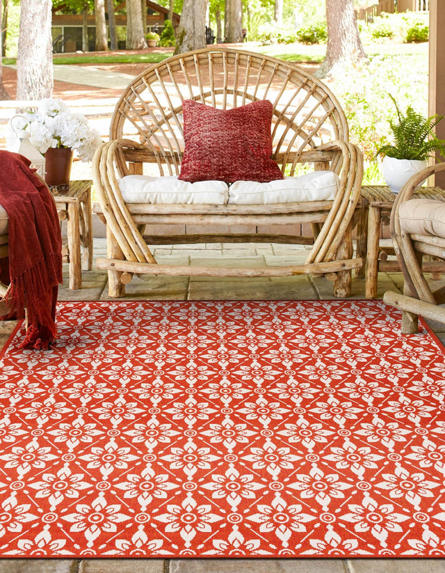 Rust Red 7' 10 x 7' 10 Outdoor Trellis Square Area Rug Weather Resistant for Patio, Deck, Terrace, Balcony, Porch Geometric Design Water Safe Outside Carpet for Sale at Rug Engine