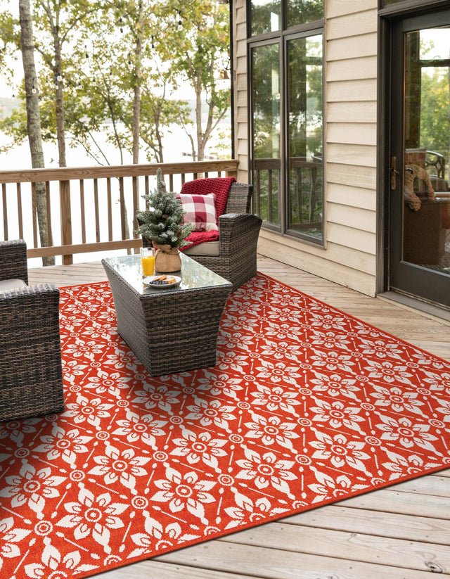 Rust Red 7' 10 x 7' 10 Outdoor Trellis Square Area Rug Weather Resistant for Patio, Deck, Terrace, Balcony, Porch Geometric Design Water Safe Outside Carpet for Sale at Rug Engine