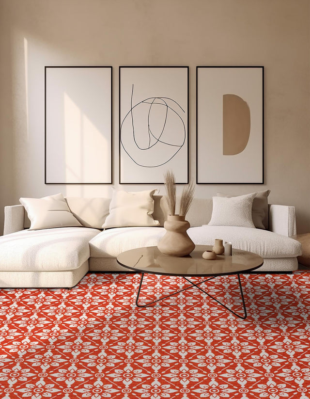 Rust Red 7' 10 x 7' 10 Outdoor Trellis Square Area Rug Weather Resistant for Patio, Deck, Terrace, Balcony, Porch Geometric Design Water Safe Outside Carpet for Sale at Rug Engine