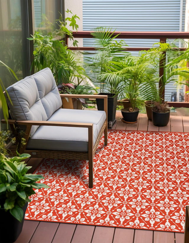 Rust Red 7' 10 x 7' 10 Outdoor Trellis Square Area Rug Weather Resistant for Patio, Deck, Terrace, Balcony, Porch Geometric Design Water Safe Outside Carpet for Sale at Rug Engine