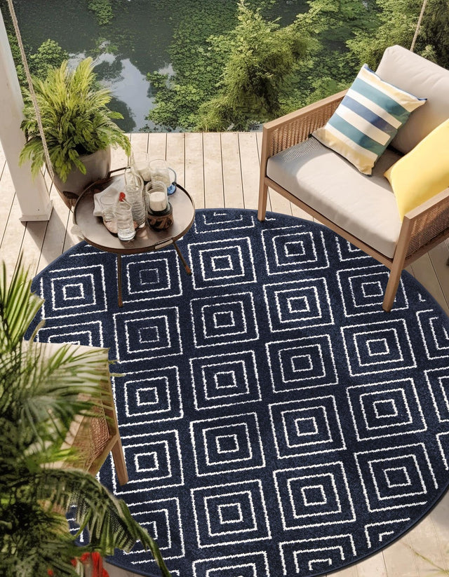 Navy Blue 5' 1 x 5' 1 Sabrina Soto Outdoor Round Area Rug Weather Resistant for Patio, Deck, Terrace, Balcony, Porch Durable Carpet for Exterior Home Design for Sale at Rug Engine