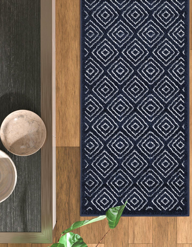 Navy Blue 2' 7 x 12' Sabrina Soto Outdoor Runner Area Rug Weather Resistant for Patio, Deck, Terrace, Balcony, Porch Durable Carpet for Exterior Home Design for Sale at Rug Engine