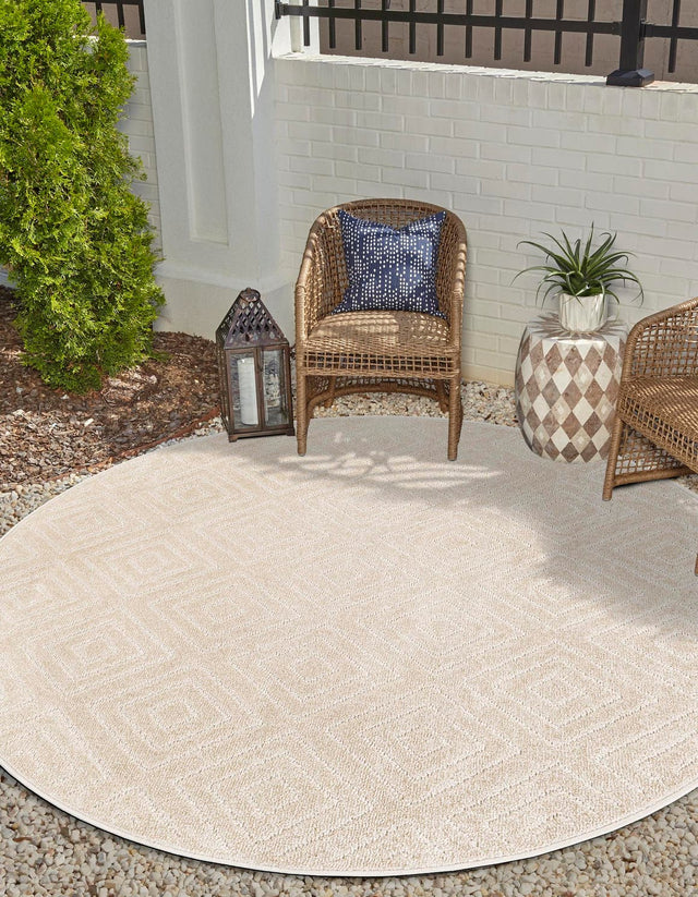 Beige 5' 1 x 5' 1 Sabrina Soto Outdoor Round Area Rug Weather Resistant for Patio, Deck, Terrace, Balcony, Porch Durable Carpet for Exterior Home Design for Sale at Rug Engine
