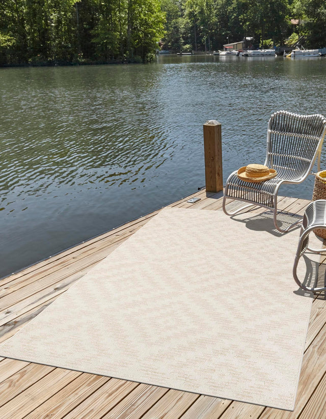 Beige and Ivory 6' 1 x 9' Sabrina Soto Outdoor Rectangle Area Rug Weather Resistant for Patio, Deck, Terrace, Balcony, Porch Durable Carpet for Exterior Home Design for Sale at Rug Engine