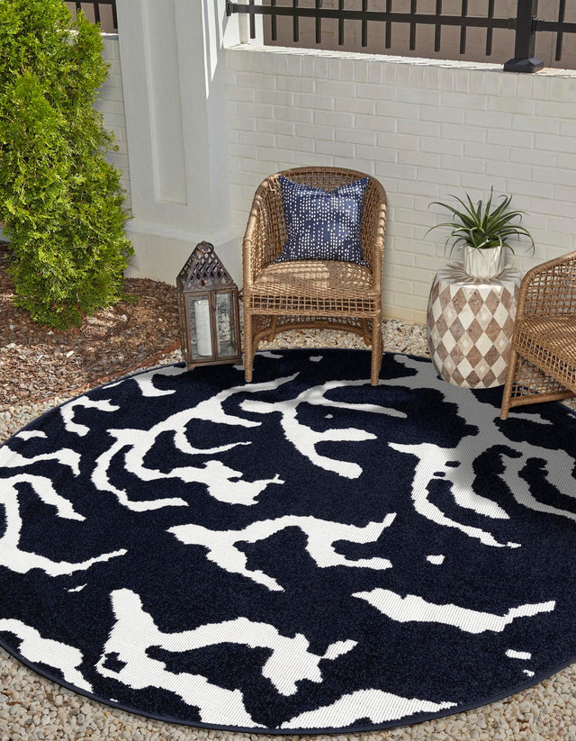Navy Blue 5' 1 x 5' 1 Sabrina Soto Outdoor Round Area Rug Weather Resistant for Patio, Deck, Terrace, Balcony, Porch Durable Carpet for Exterior Home Design for Sale at Rug Engine