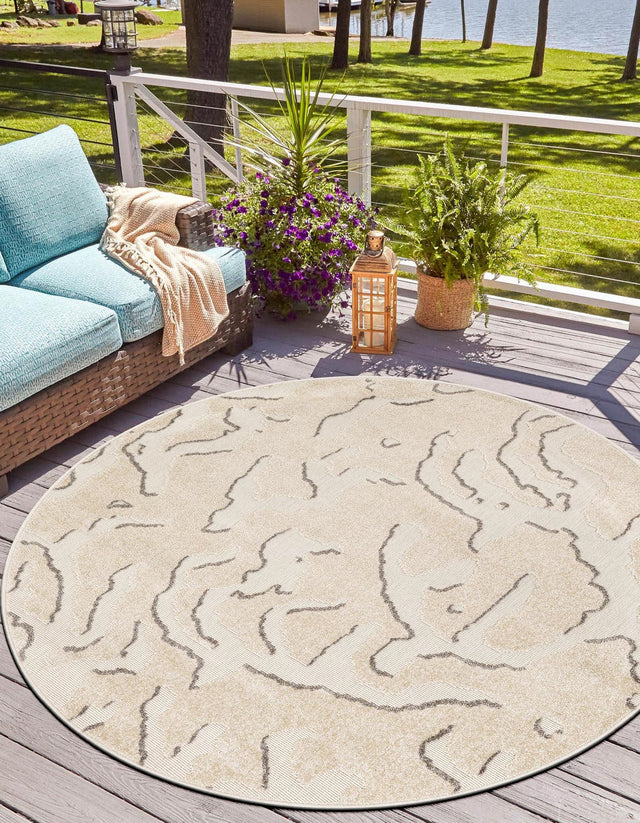 Beige and Ivory 7' 10 x 7' 10 Sabrina Soto Outdoor Round Area Rug Weather Resistant for Patio, Deck, Terrace, Balcony, Porch Durable Carpet for Exterior Home Design for Sale at Rug Engine