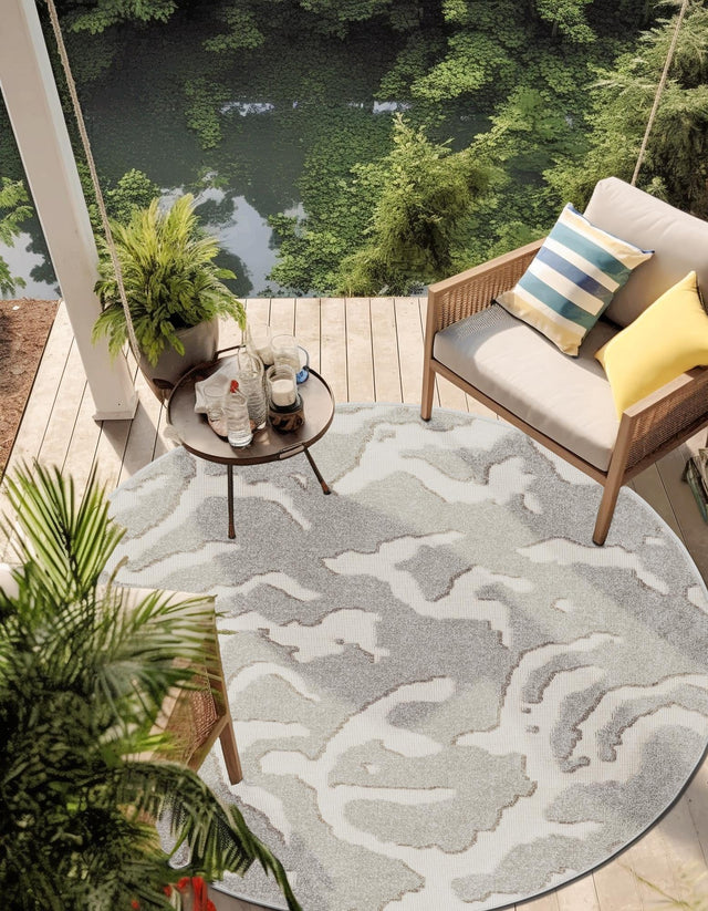 Gray 7' 10 x 7' 10 Sabrina Soto Outdoor Round Area Rug Weather Resistant for Patio, Deck, Terrace, Balcony, Porch Durable Carpet for Exterior Home Design for Sale at Rug Engine