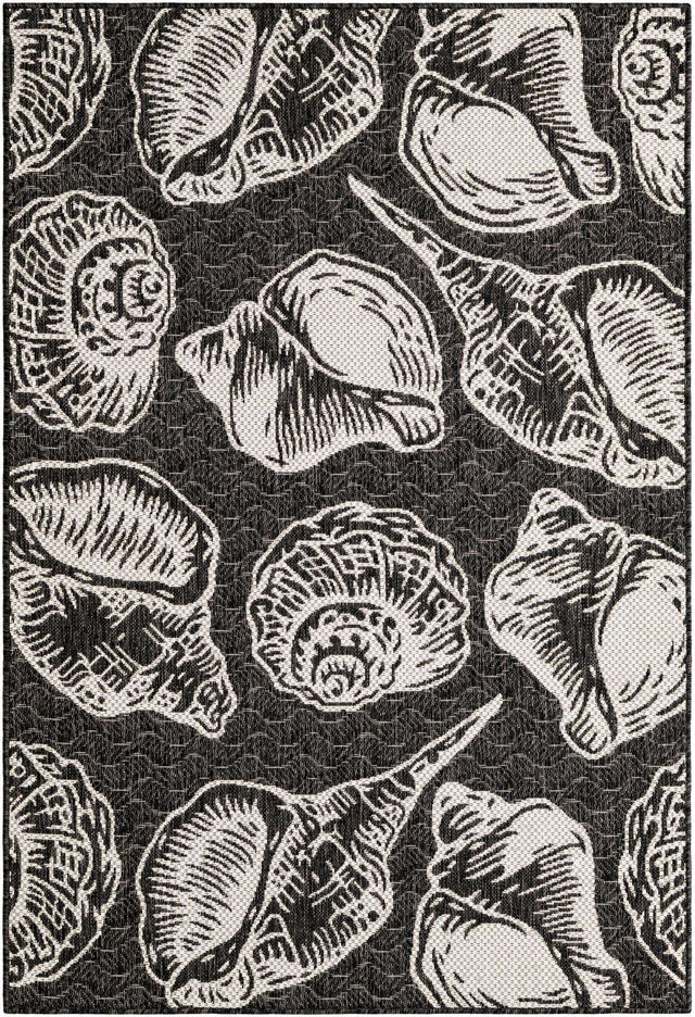 Black and White 4' 1 x 6' 1 Outdoor Coastal Rectangle Area Rug Weather Resistant for Patio, Deck, Terrace, Balcony, Porch 100% Polypropylene Coastal Decor Carpet for Sale at Rug Engine