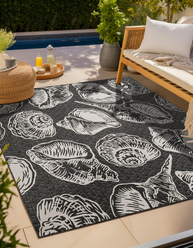 Black and White 7' 10 x 7' 10 Outdoor Coastal Square Area Rug Weather Resistant for Patio, Deck, Terrace, Balcony, Porch 100% Polypropylene Coastal Decor Carpet for Sale at Rug Engine