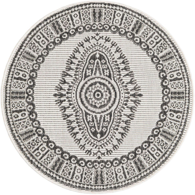 White and Black 3' 1 x 3' 1 Outdoor Traditional Round Area Rug Weather Resistant for Patio, Deck, Terrace, Balcony, Porch Classical Design Outside Carpet for Sale at Rug Engine