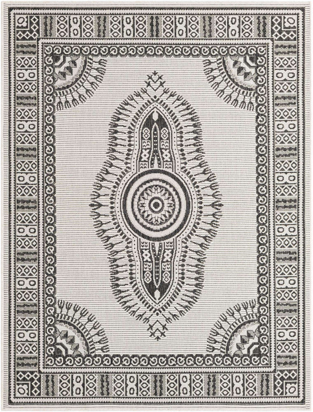 White and Black 5' 3 x 7' 1 Outdoor Traditional Rectangle Area Rug Weather Resistant for Patio, Deck, Terrace, Balcony, Porch Classical Design Outside Carpet for Sale at Rug Engine