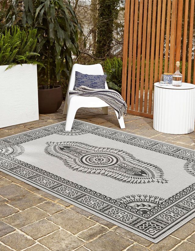 White and Black 6' 1 x 9' Outdoor Traditional Rectangle Area Rug Weather Resistant for Patio, Deck, Terrace, Balcony, Porch Classical Design Outside Carpet for Sale at Rug Engine