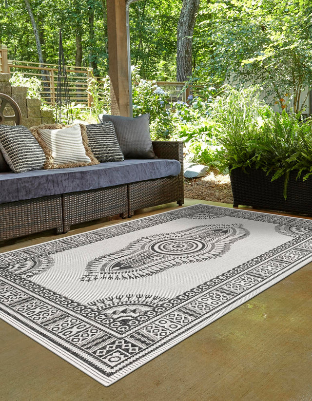 White and Black 5' 3 x 8' Outdoor Traditional Rectangle Area Rug Weather Resistant for Patio, Deck, Terrace, Balcony, Porch Classical Design Outside Carpet for Sale at Rug Engine