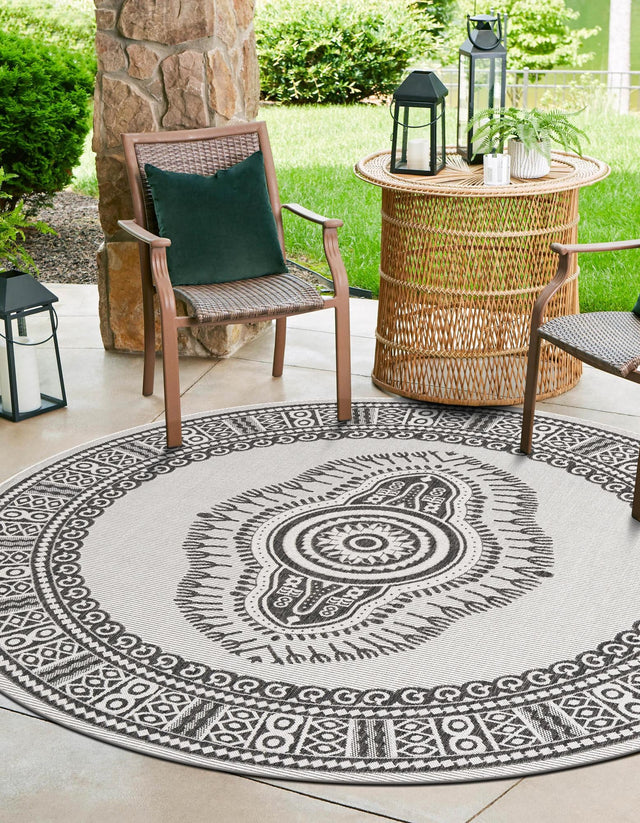 White and Black 12' x 12' Outdoor Traditional Round Area Rug Weather Resistant for Patio, Deck, Terrace, Balcony, Porch Classical Design Outside Carpet for Sale at Rug Engine