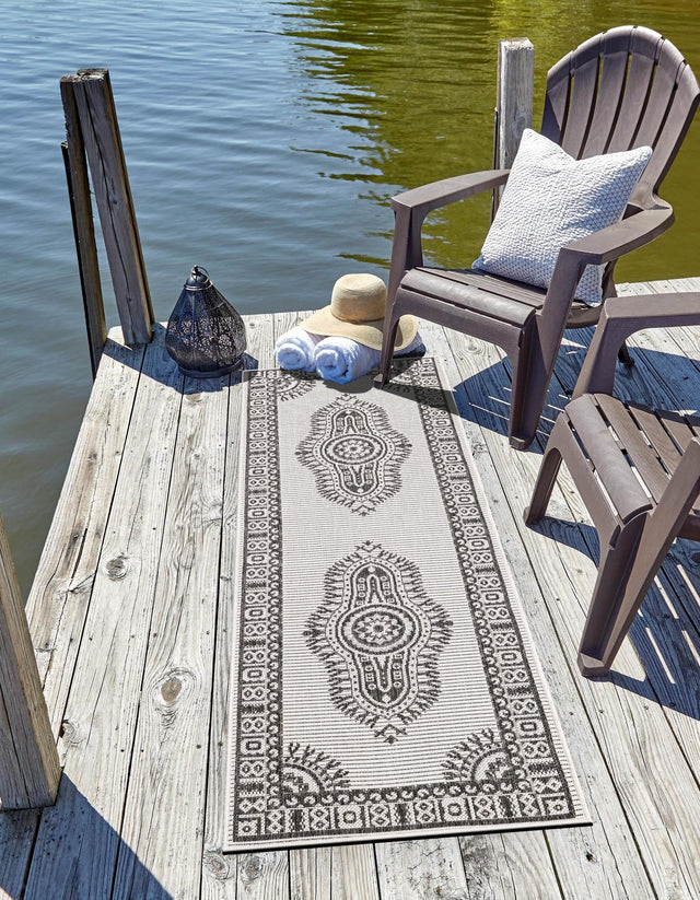 White and Black 2' x 5' 3 Outdoor Traditional Runner Area Rug Weather Resistant for Patio, Deck, Terrace, Balcony, Porch Classical Design Outside Carpet for Sale at Rug Engine