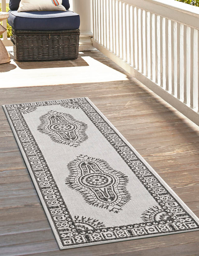 White and Black 2' x 5' 3 Outdoor Traditional Runner Area Rug Weather Resistant for Patio, Deck, Terrace, Balcony, Porch Classical Design Outside Carpet for Sale at Rug Engine