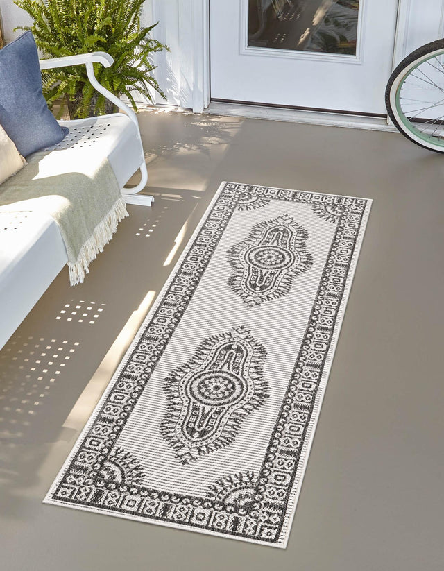 White and Black 2' x 5' 3 Outdoor Traditional Runner Area Rug Weather Resistant for Patio, Deck, Terrace, Balcony, Porch Classical Design Outside Carpet for Sale at Rug Engine