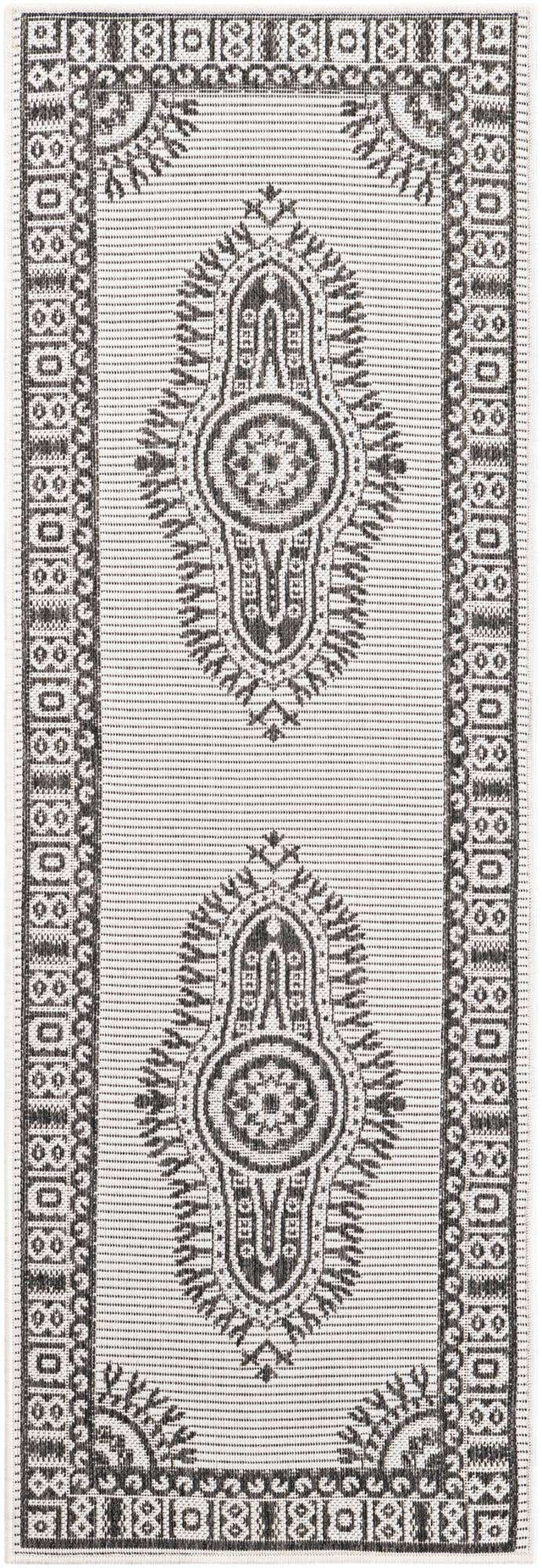 White and Black 2' x 6' 1 Outdoor Traditional Runner Area Rug Weather Resistant for Patio, Deck, Terrace, Balcony, Porch Classical Design Outside Carpet for Sale at Rug Engine