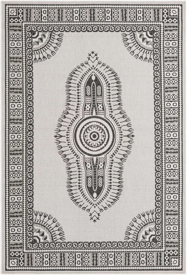 White and Black 6' 1 x 9' Outdoor Traditional Rectangle Area Rug Weather Resistant for Patio, Deck, Terrace, Balcony, Porch Classical Design Outside Carpet for Sale at Rug Engine
