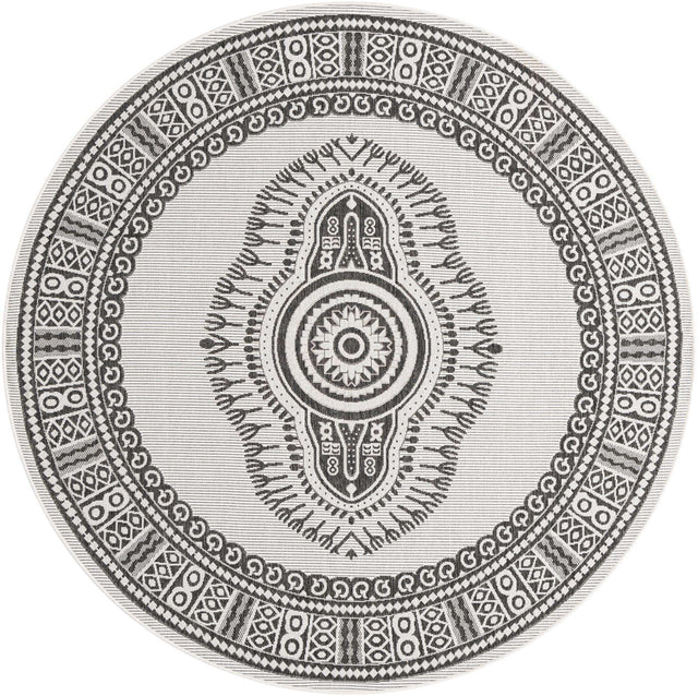 White and Black 7' 10 x 7' 10 Outdoor Traditional Round Area Rug Weather Resistant for Patio, Deck, Terrace, Balcony, Porch Classical Design Outside Carpet for Sale at Rug Engine