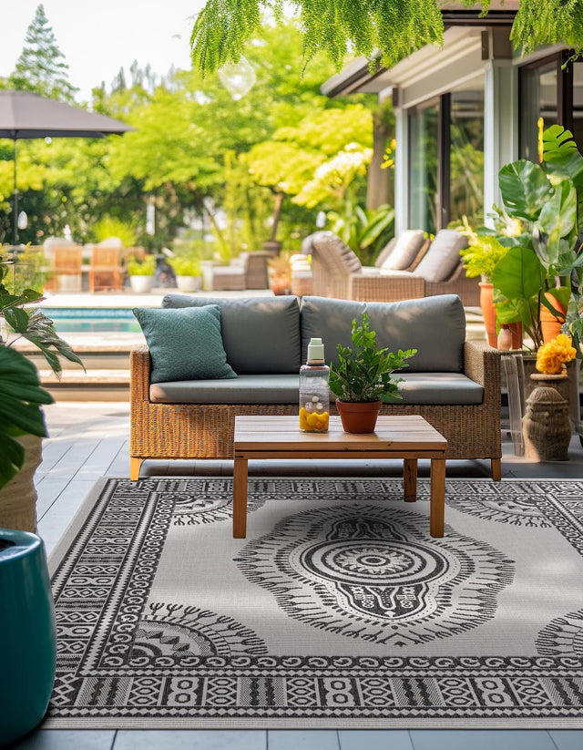White and Black 10' x 10' Outdoor Traditional Square Area Rug Weather Resistant for Patio, Deck, Terrace, Balcony, Porch Classical Design Outside Carpet for Sale at Rug Engine