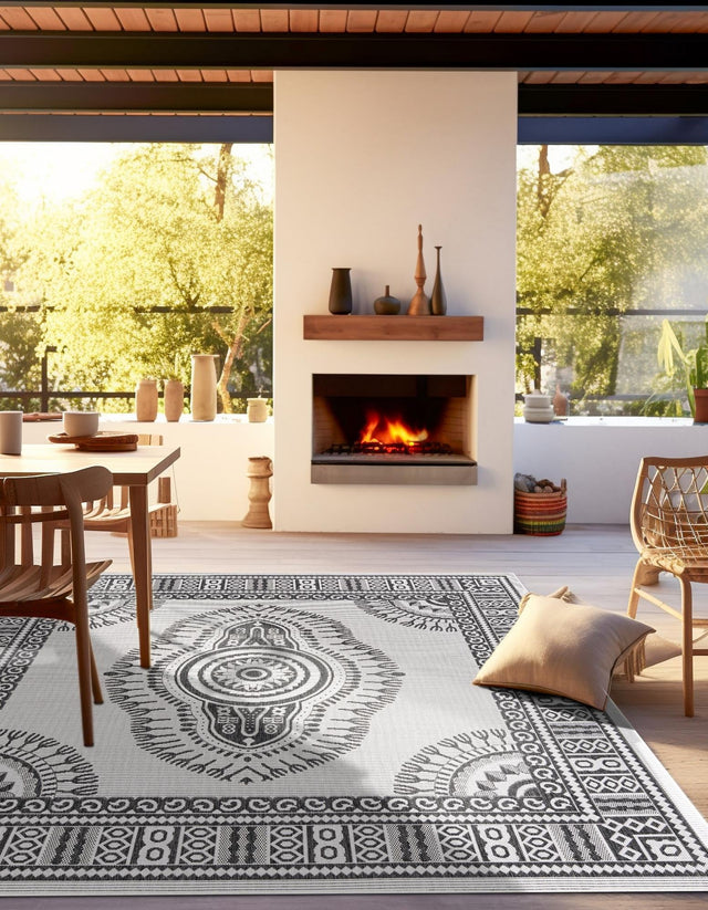 White and Black 7' 10 x 7' 10 Outdoor Traditional Square Area Rug Weather Resistant for Patio, Deck, Terrace, Balcony, Porch Classical Design Outside Carpet for Sale at Rug Engine