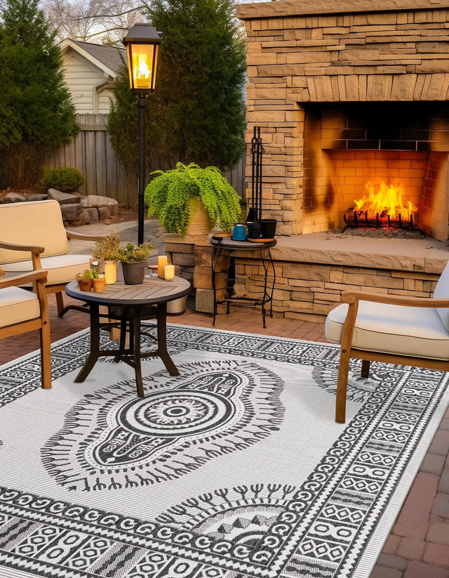 White and Black 10' x 10' Outdoor Traditional Square Area Rug Weather Resistant for Patio, Deck, Terrace, Balcony, Porch Classical Design Outside Carpet for Sale at Rug Engine