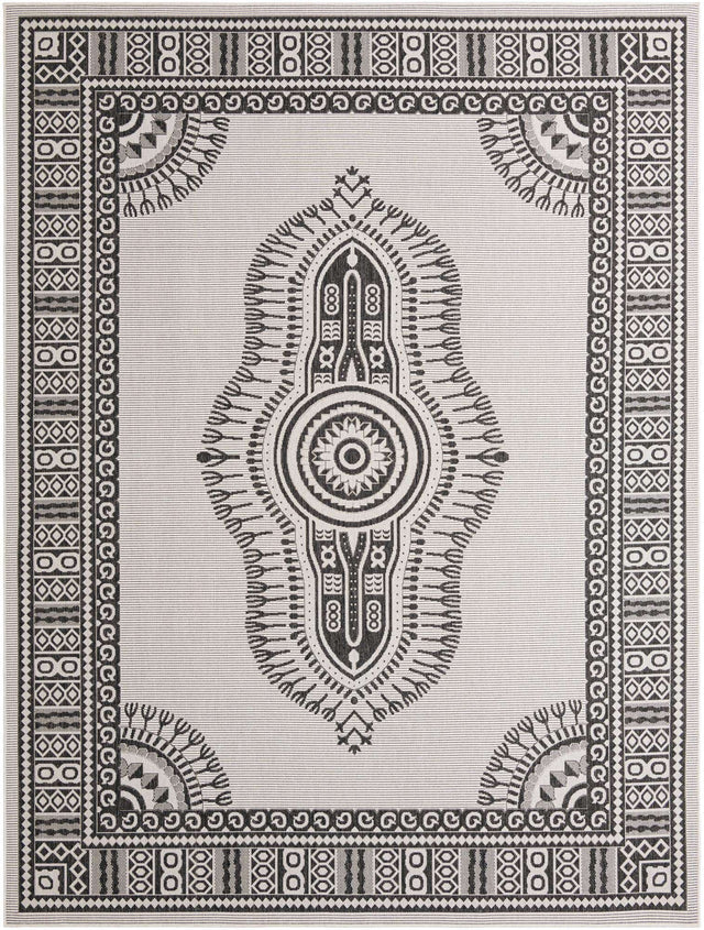 White and Black 9' x 12' Outdoor Traditional Rectangle Area Rug Weather Resistant for Patio, Deck, Terrace, Balcony, Porch Classical Design Outside Carpet for Sale at Rug Engine