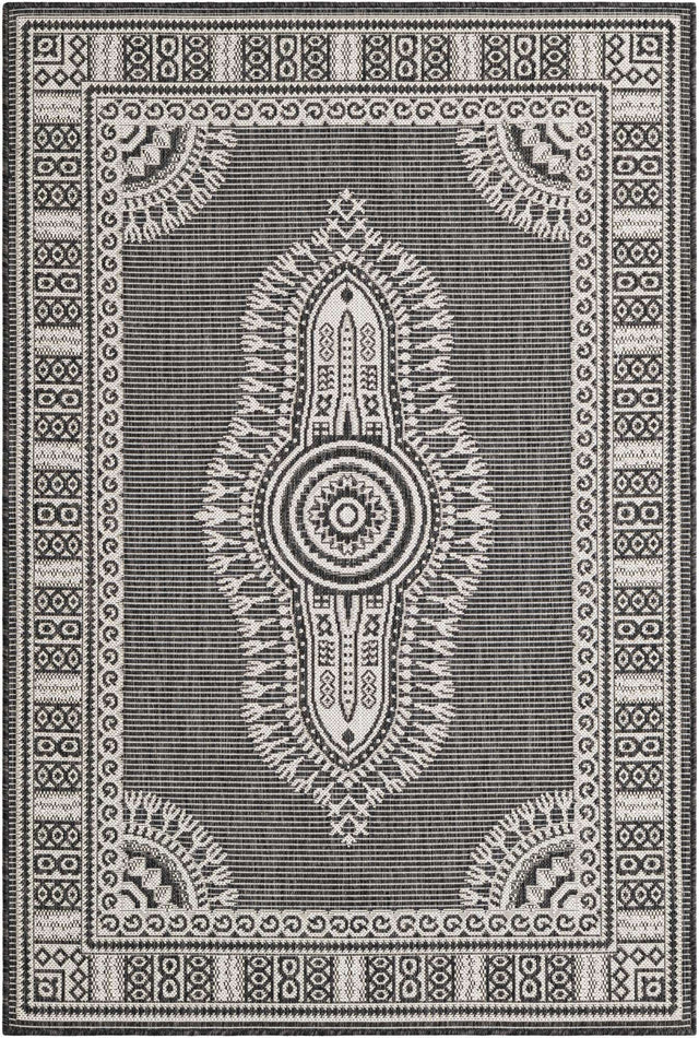 Black and White 4' 1 x 6' 1 Outdoor Traditional Rectangle Area Rug Weather Resistant for Patio, Deck, Terrace, Balcony, Porch Classical Design Outside Carpet for Sale at Rug Engine