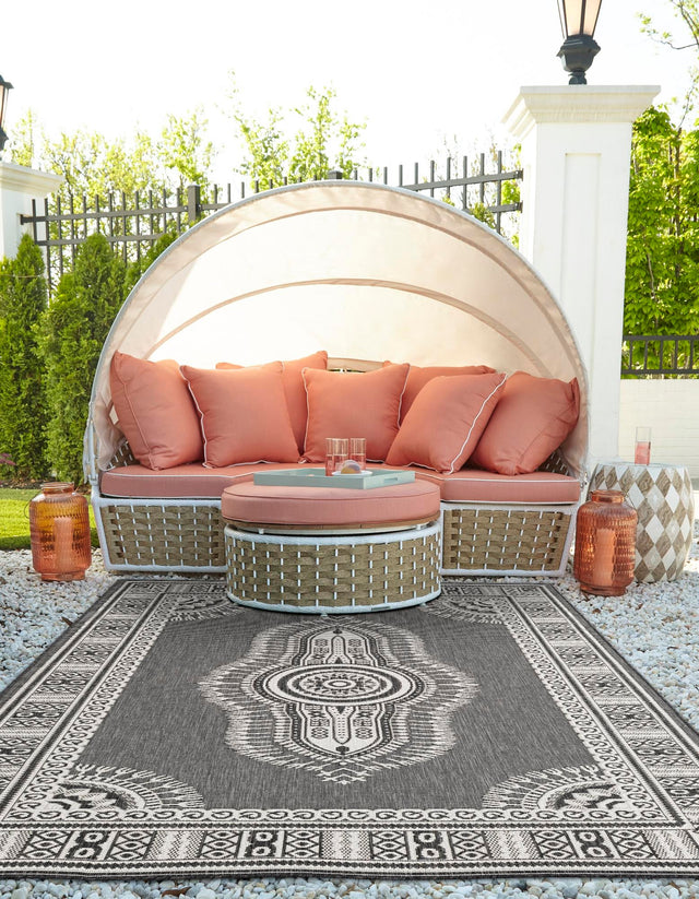 Black and White 6' 1 x 9' Outdoor Traditional Rectangle Area Rug Weather Resistant for Patio, Deck, Terrace, Balcony, Porch Classical Design Outside Carpet for Sale at Rug Engine